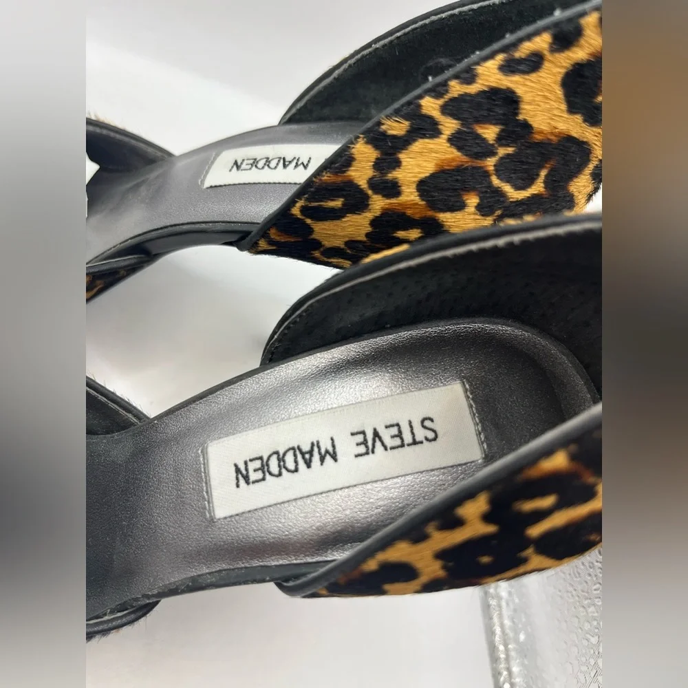 Steve Madden Leopard Print Pony Hair Heels Size 7.5 Pointed Toe With Embellish - Picture 3 of 11